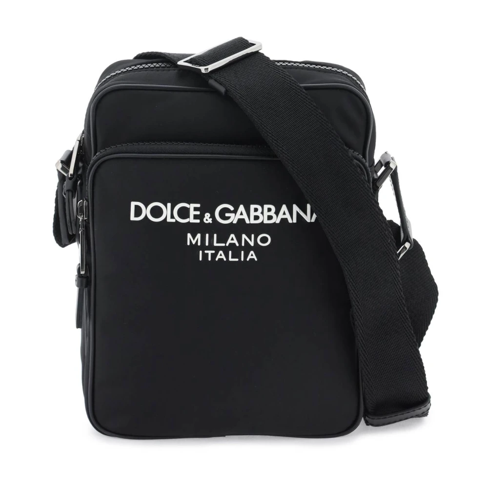 Dolce & Gabbana Men's Black Cross Body Messenger, One Size, Rubberized Logo Nylon Crossbody Bag