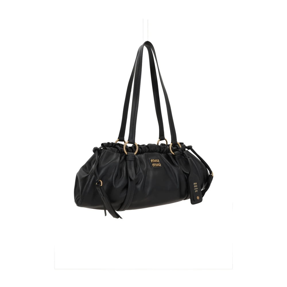 Miu Zwarte leren handtas met metalen logo Black Dames