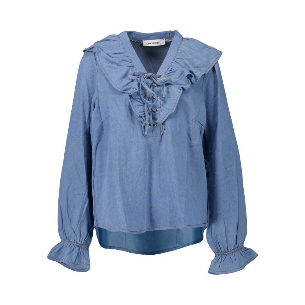Co'Couture Denim Look Frill Tie Blouse Blauw Blue Dames