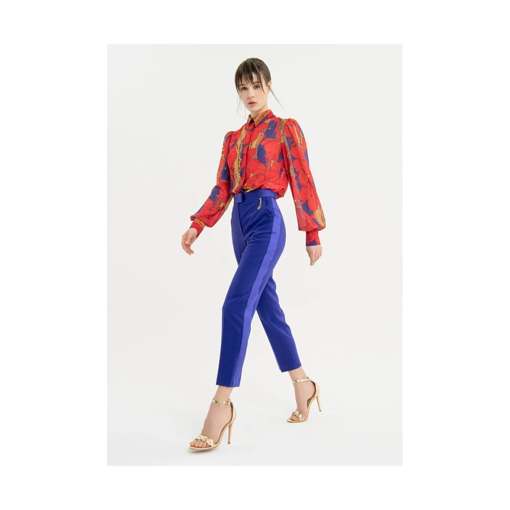 Fracomina Reguliere broek van technische stof met satijnen riem Blue Dames