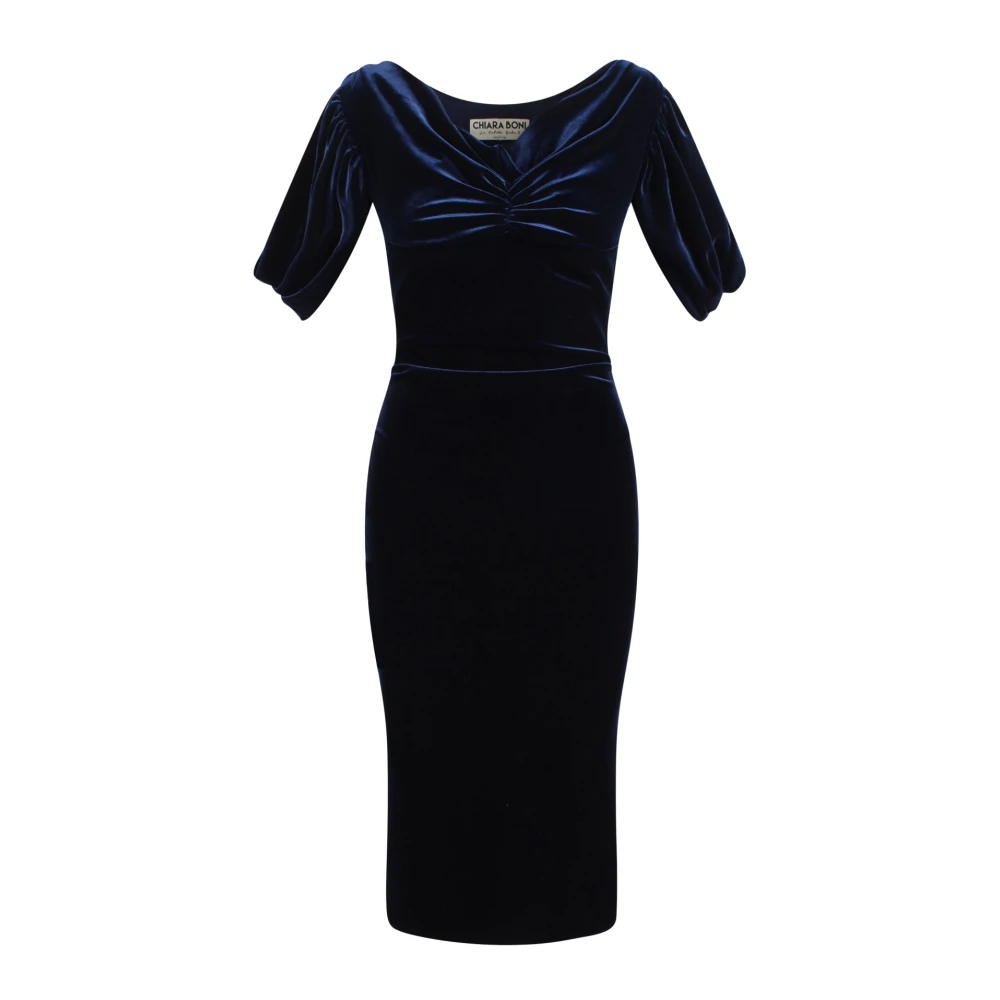 Chiara Boni Blauwe Velvet Lange Jurk met V-hals Blue Dames