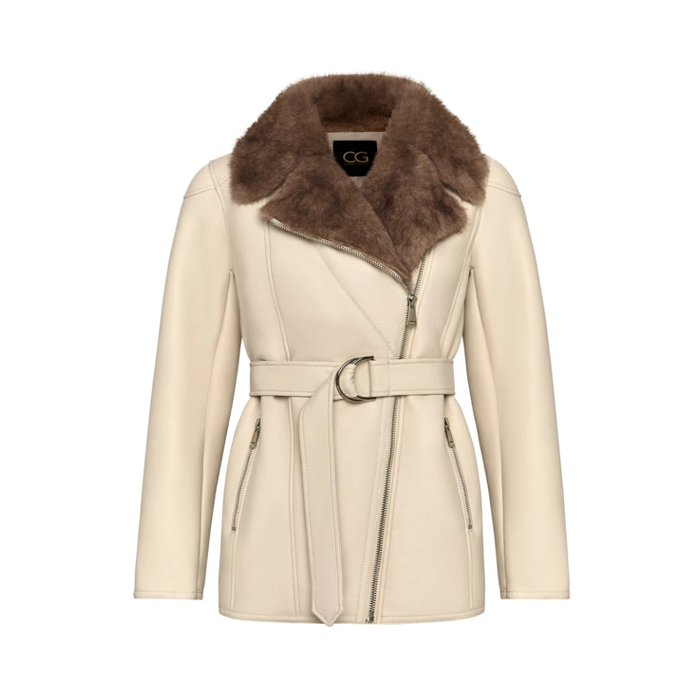 Cesare Gaspari Vrouw Beige Jassen Dames, M, Leer, Shearling-Gevoerde Jas Met Riem