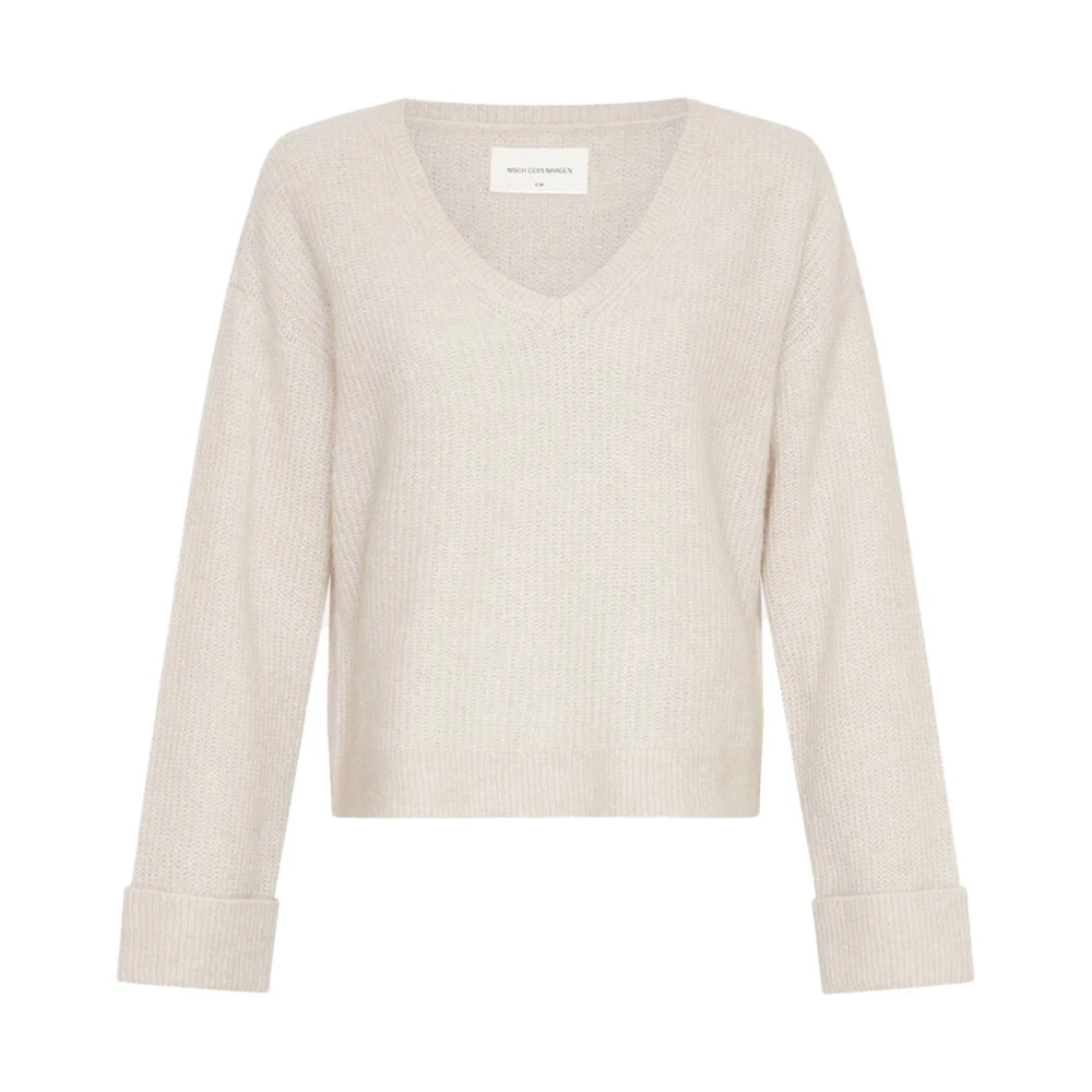 Moss copenhagen Beige Gebreide V-hals Trui met Omgeslagen Mouw Evonna Nenaya Beige Dames