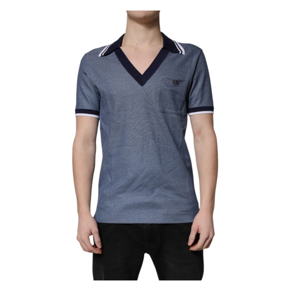 Dolce & Gabbana Men's Blue Silk Blend V-Neck Polo T-Shirt