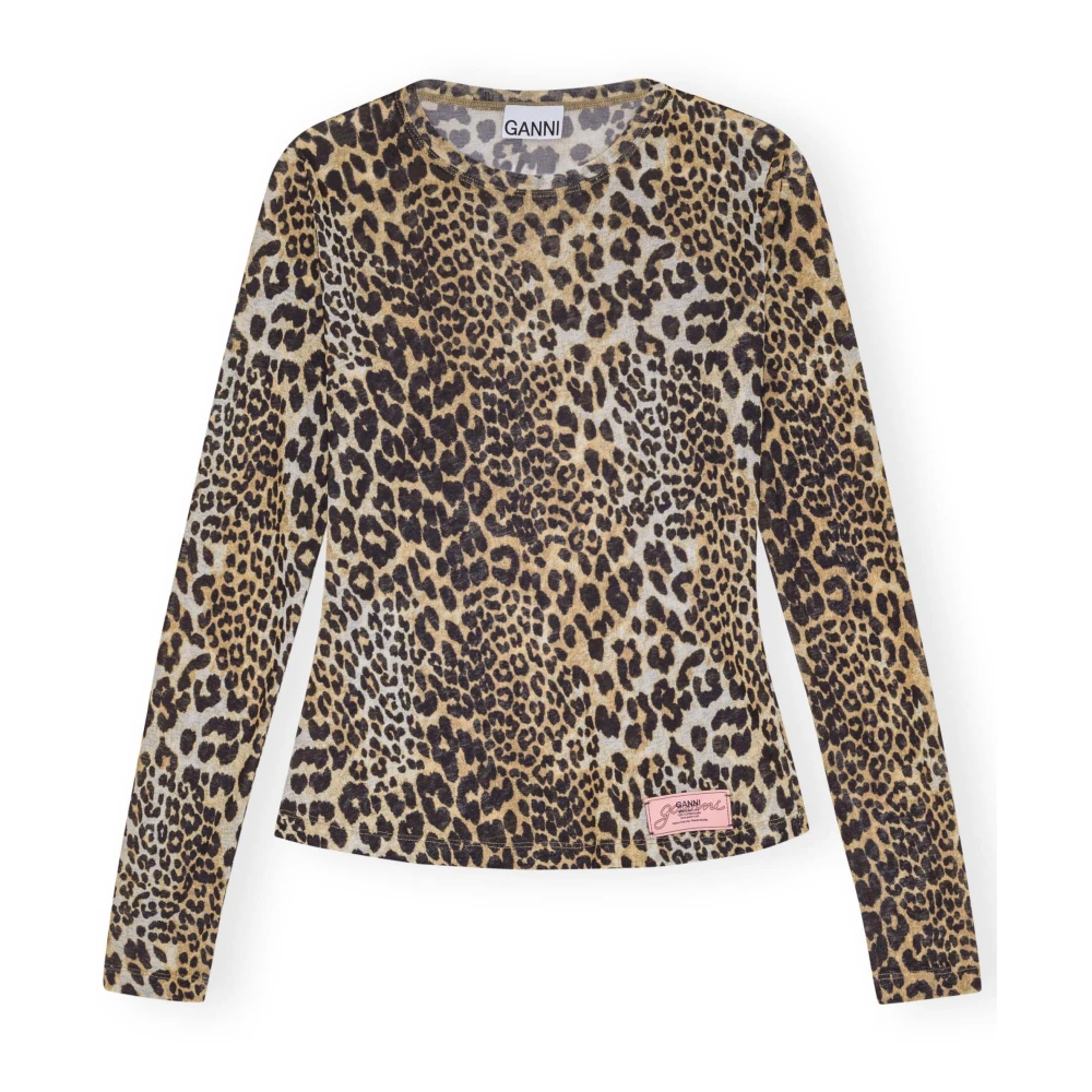 Ganni Women's Brown Printed Mesh Long Sleeve Jumper - Long Sleeve T-Shirts - S - Tops