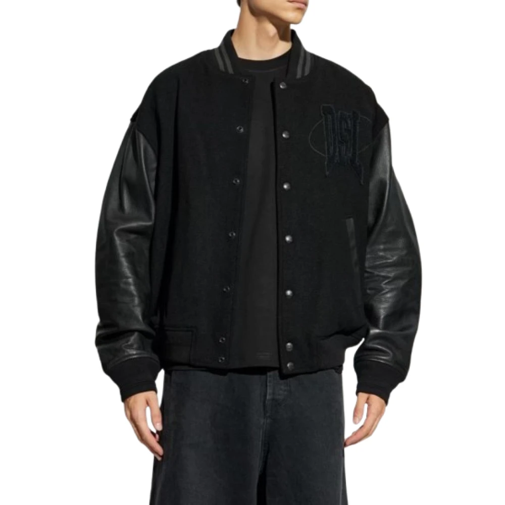 Diesel Leren Bomberjack met Drukknoopsluiting Black Heren