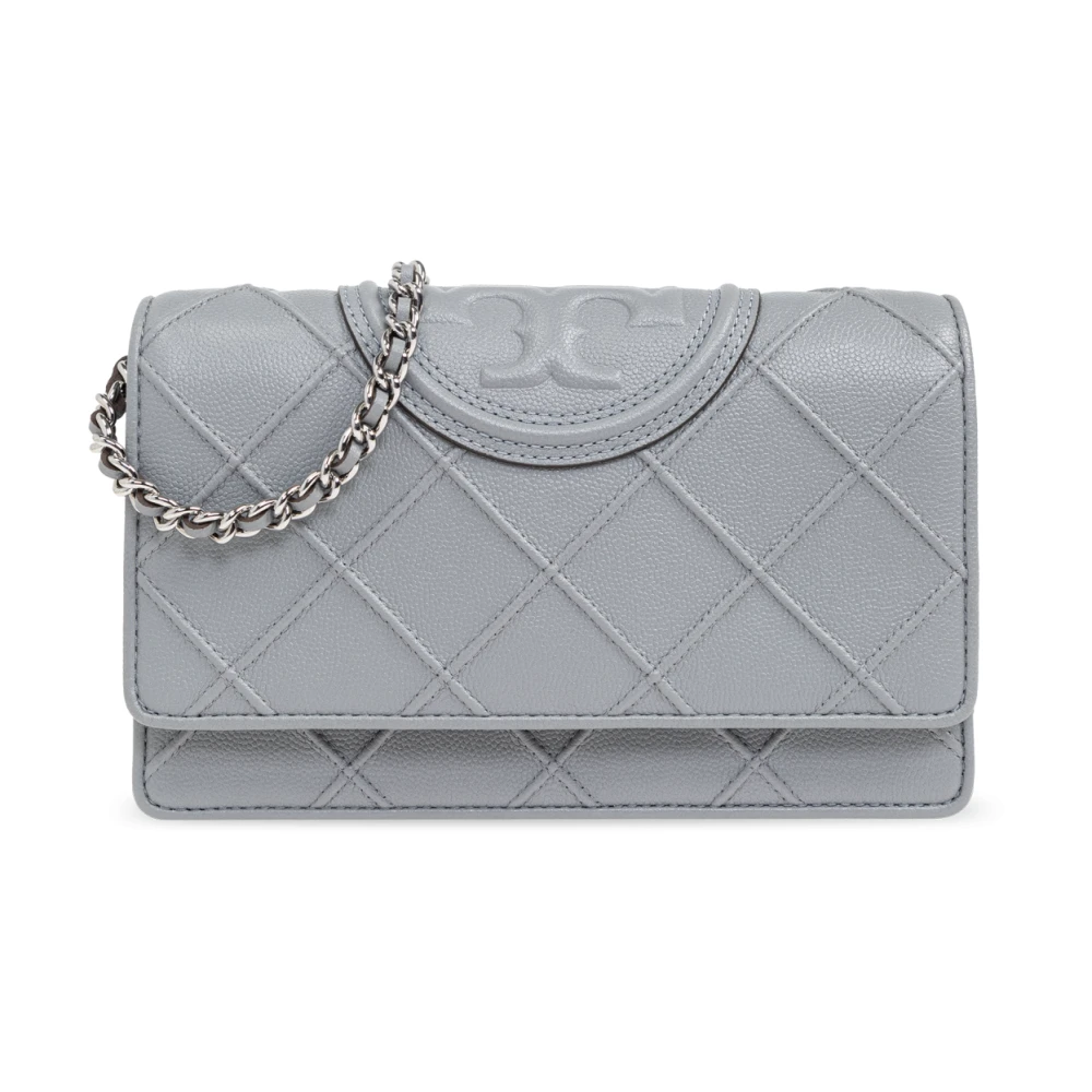 TORY BURCH Geëmbosseerde leren portemonnee met ketting Gray Dames