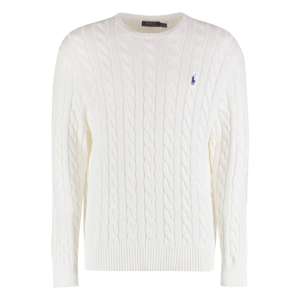 Polo Ralph Lauren Men's White Embroidered Logo Cable Knit Pullover - Round-Neck Knitwear - 2XL - Knitwear