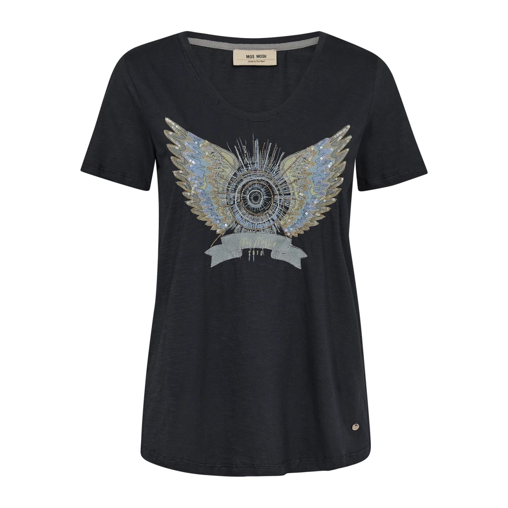 MOS MOSH Deco Tee Top met kralenmotief Blue Dames