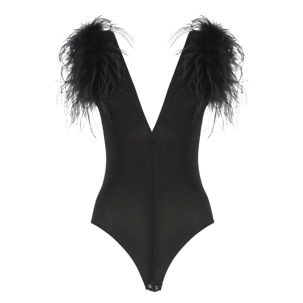 Pinko Zwart bodysuit met veren en diepe V-hals Black Dames