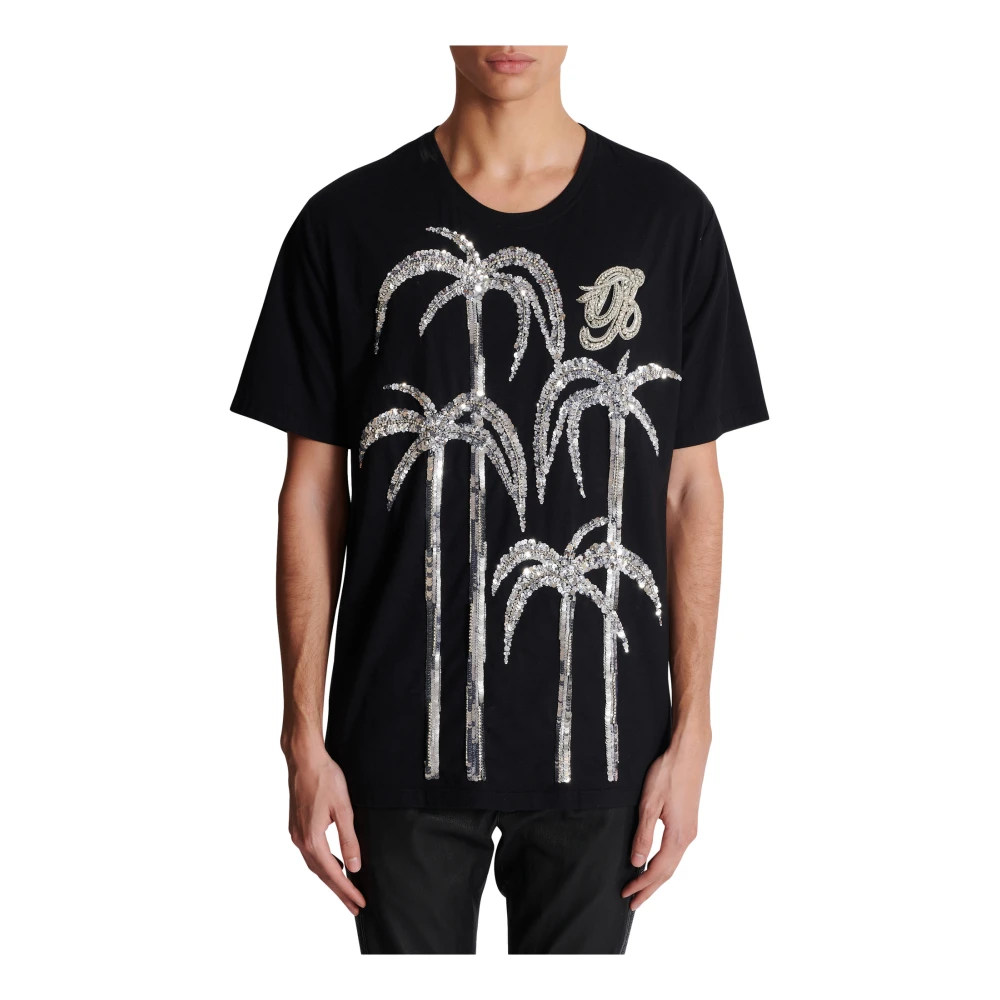 Balmain Palmboom geborduurd T-shirt Black Heren