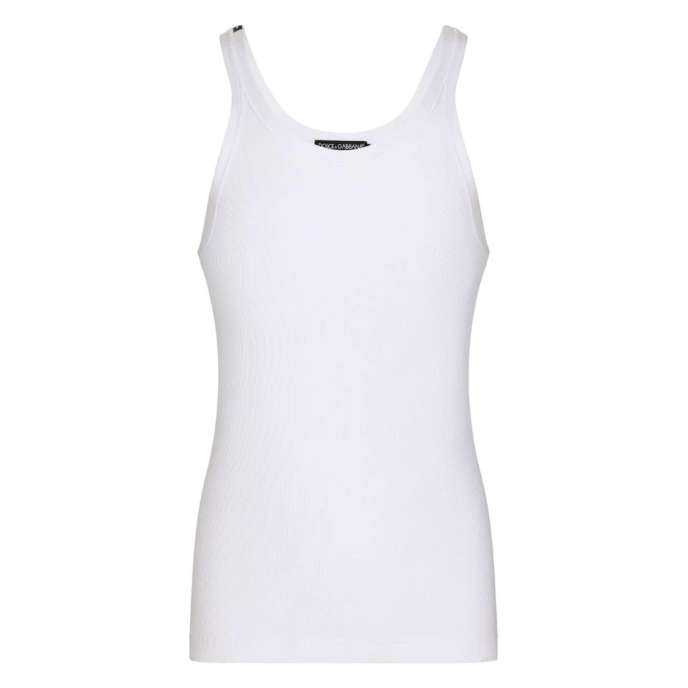 Dolce & Gabbana Men's White Sleeveless Tops, 2XL, Ribbed Tank Top With Logo Patch
