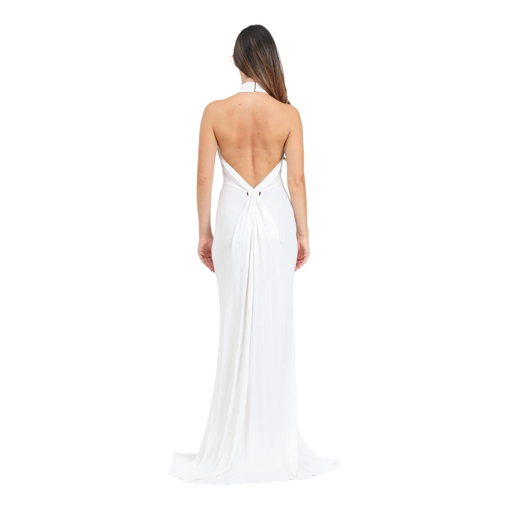 Elisabetta Franchi Witte Lange Gedrapeerde Jurk met Achterhalslijn White Dames
