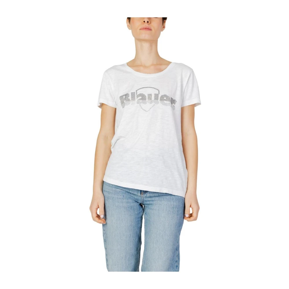 Blauer Katoenen Crew Neck T-Shirt Dames Collectie White Dames