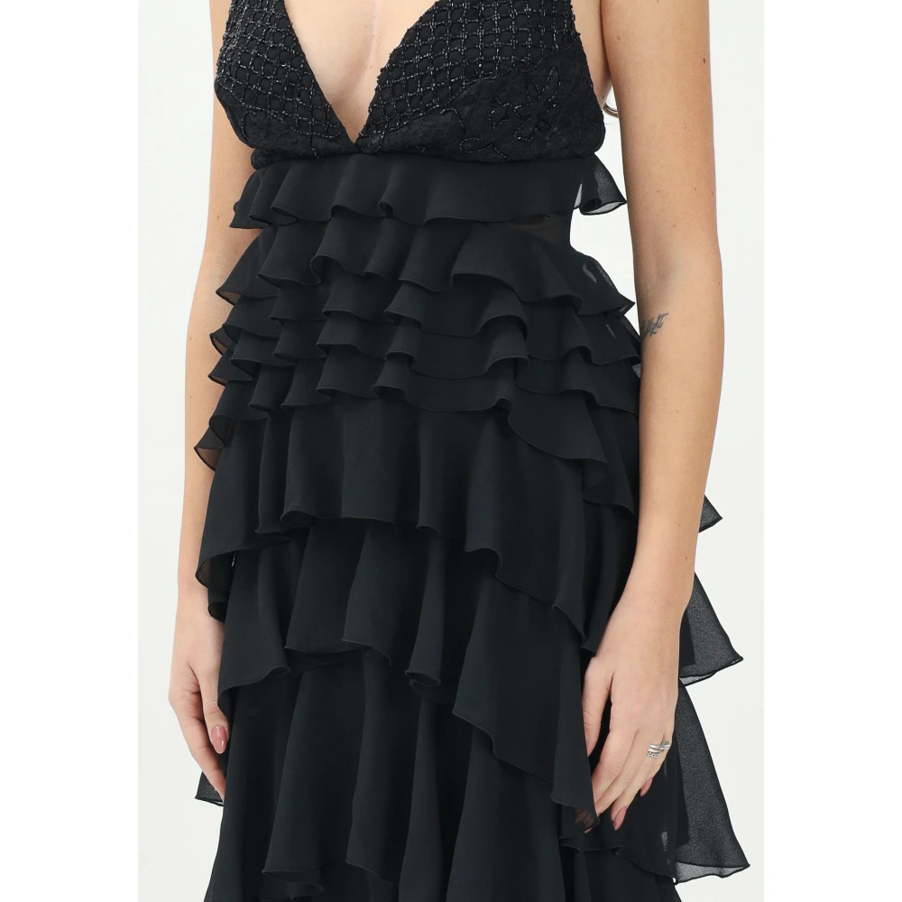 Elisabetta Franchi Zwarte Kantversierde Lange Jurk Black Dames