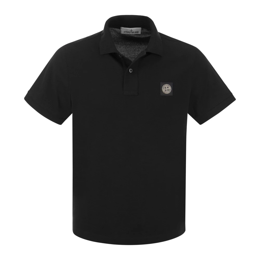 Stone Island Slim Cotton Polo Shirt med Windrose Logo Patch Black, Herr