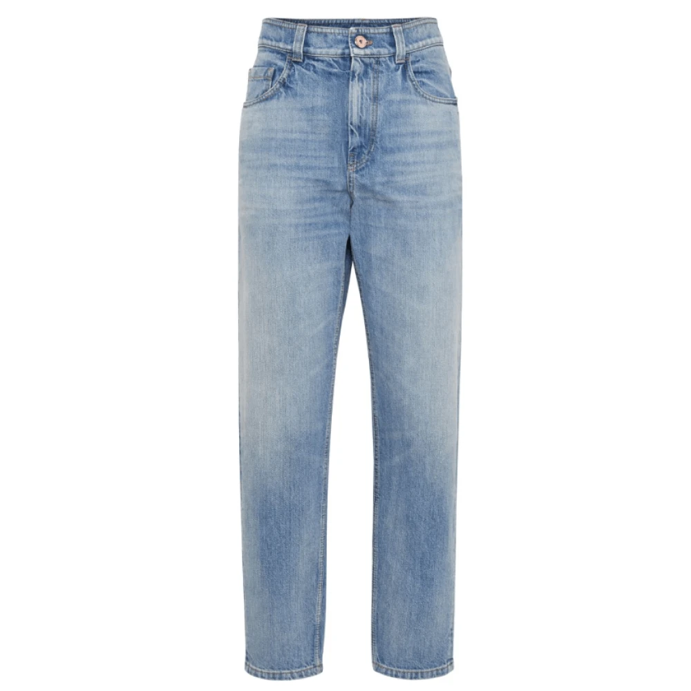 Brunello Cucinelli Women's Blue Logo-Patch Tapered Jeans - Loose Fit Jeans - M - Jeans