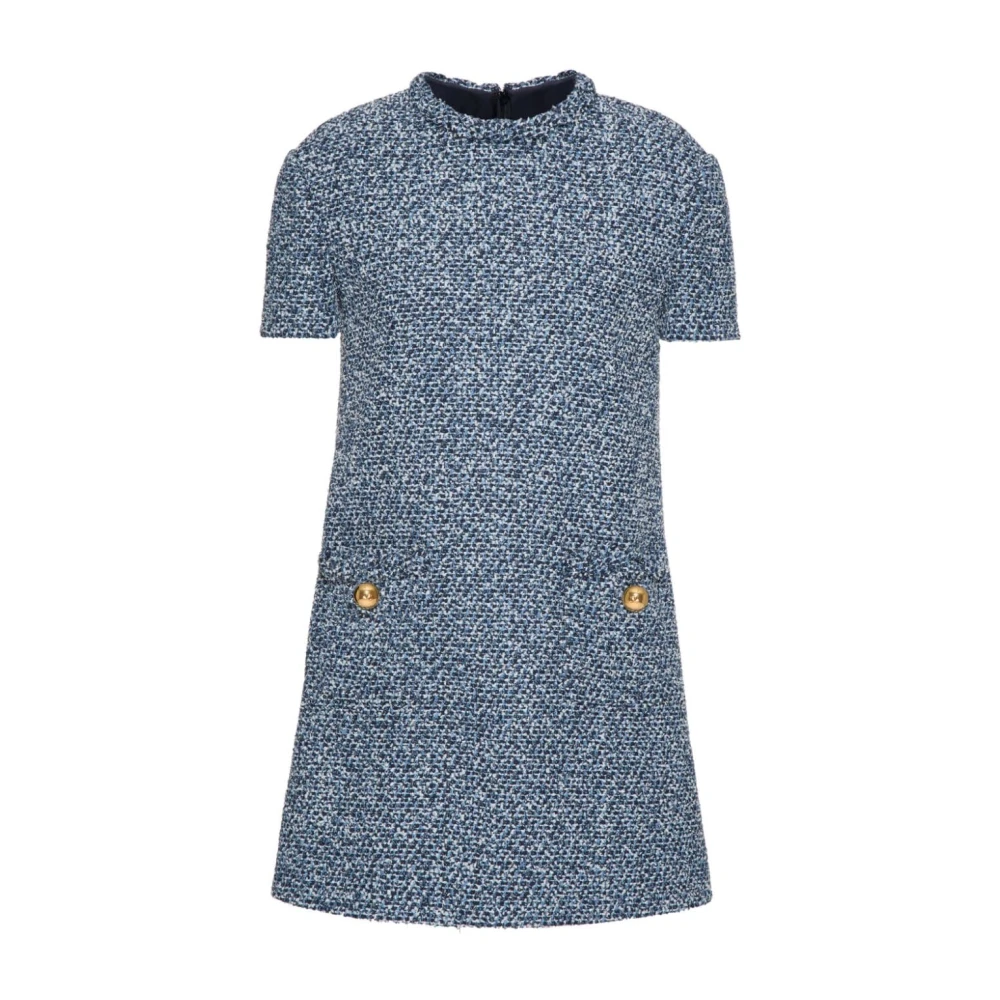 Valentino Blauwe Tweed Shift Jurk Gouden Knopen Blue Dames