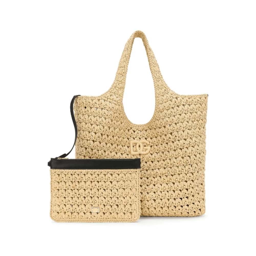 Dolce & Gabbana Raffia Tote Tas met Appliqué Logo Beige Dames