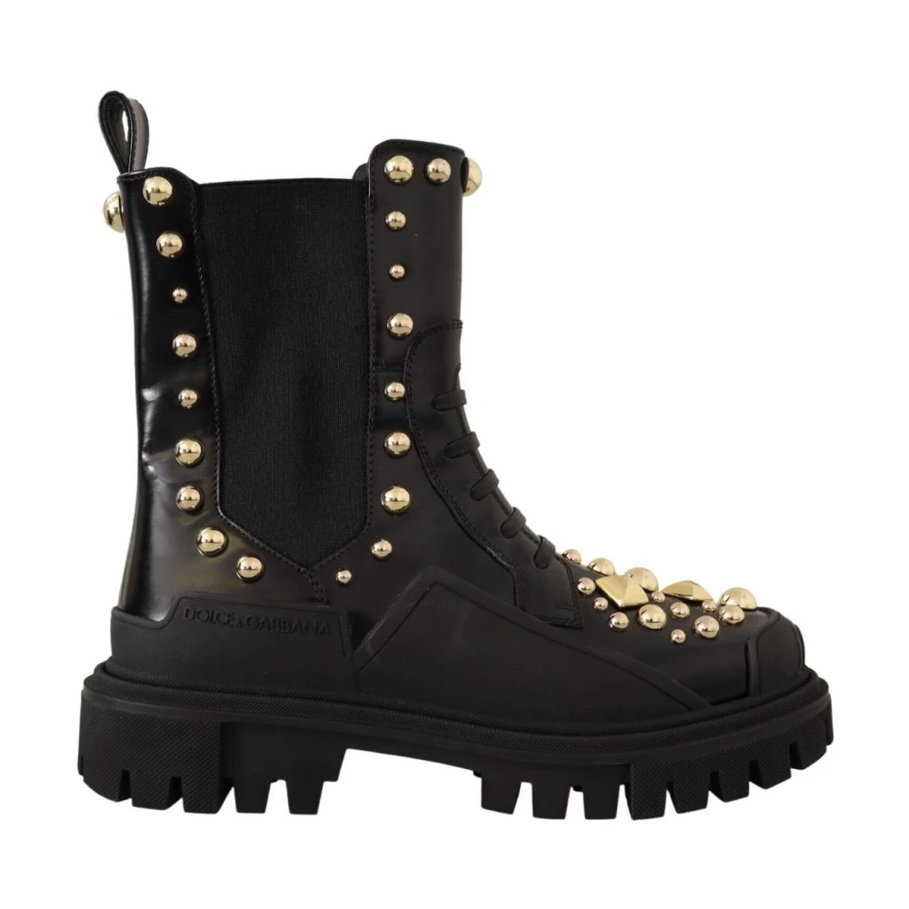 Dolce & Gabbana Women's Black Studded Leather Ankle Boots With Embroidery