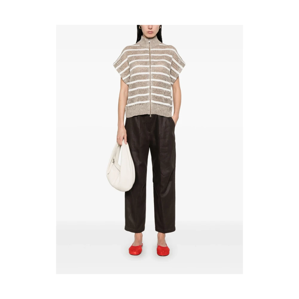 BRUNELLO CUCINELLI Beige Gestreepte Mouwloze Rits Sweater Brown Dames