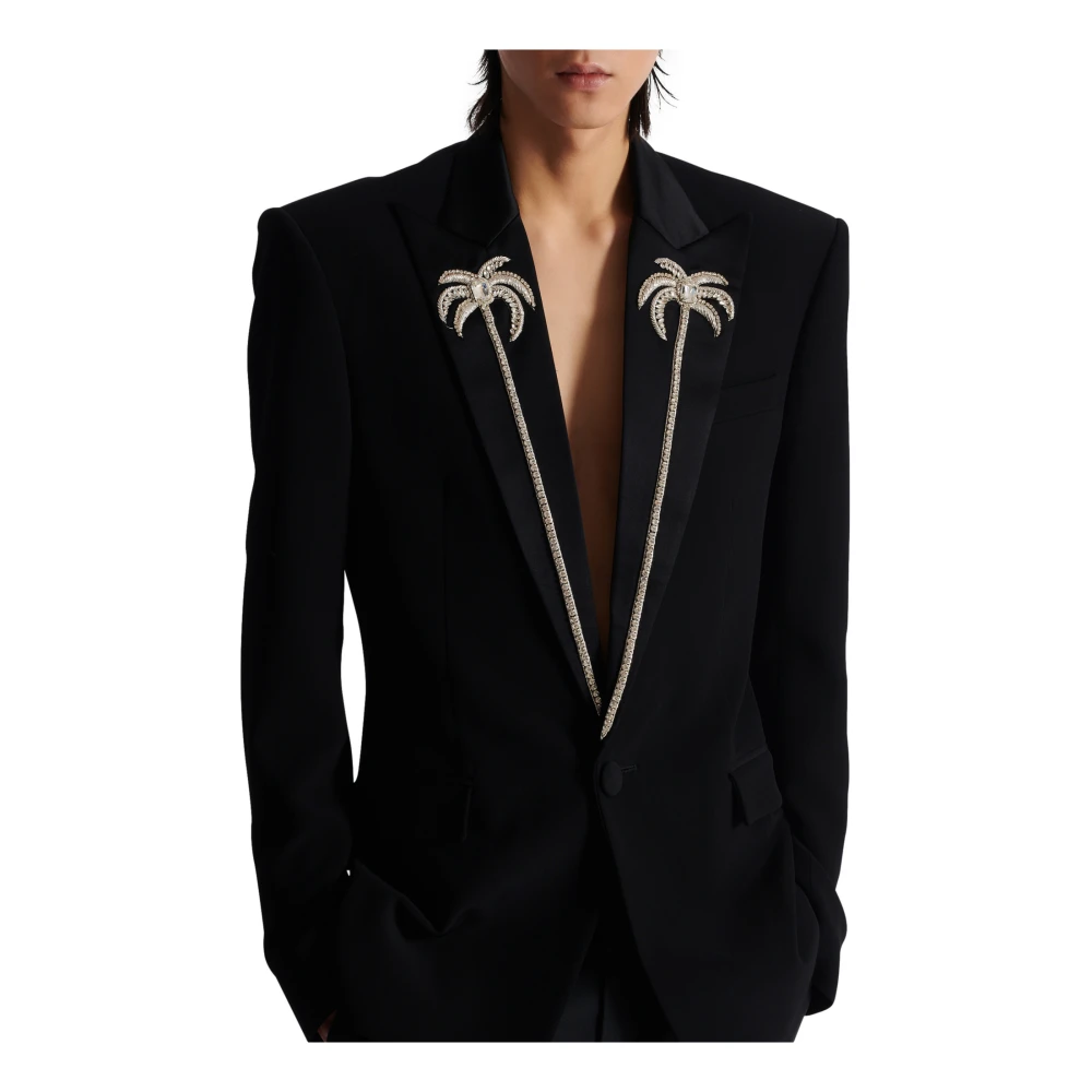 Balmain 1-knoops jas met geborduurde palmboomkraag Black Heren