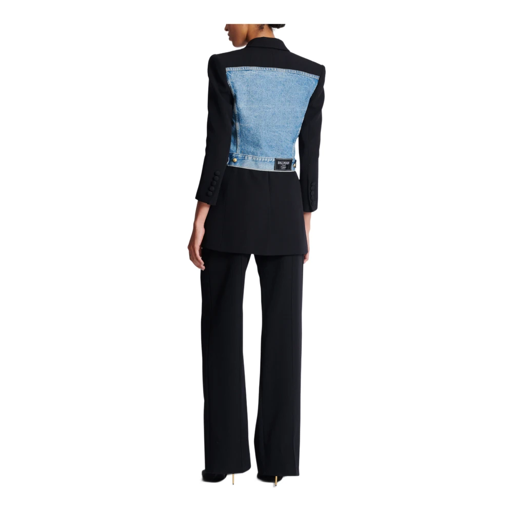 Balmain 1-knoop bi-materiaal jas Black Dames