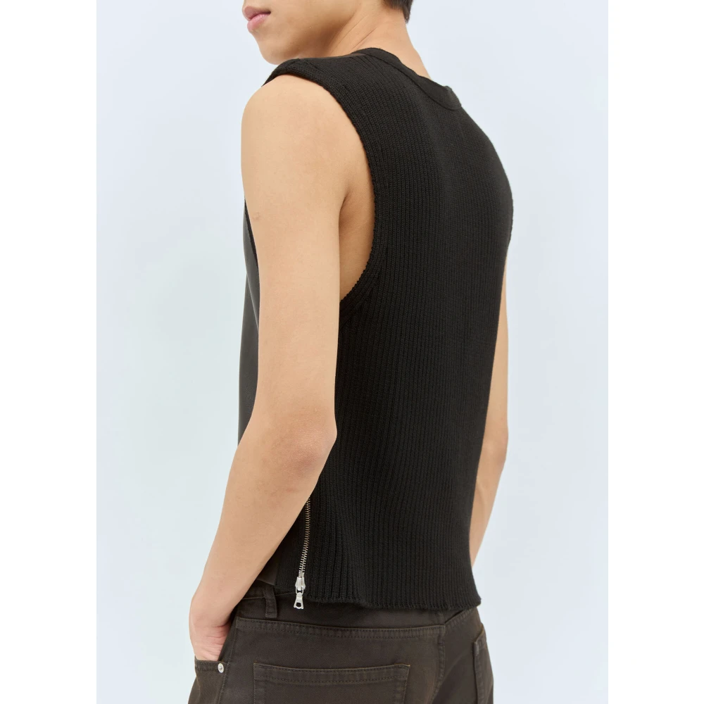 Dries Van Noten V-hals Leren Gebreid Vest Rits Black Heren