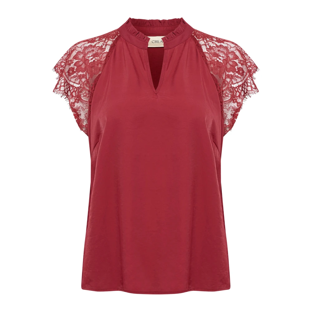 Cream Women's Red Blouses, M, Lace Blouse With V-Neck And Lace Sleeves
