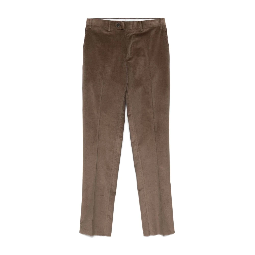 Canali Khaki Katoenen Ribfluwelen Broek Rechte Snit Brown Heren