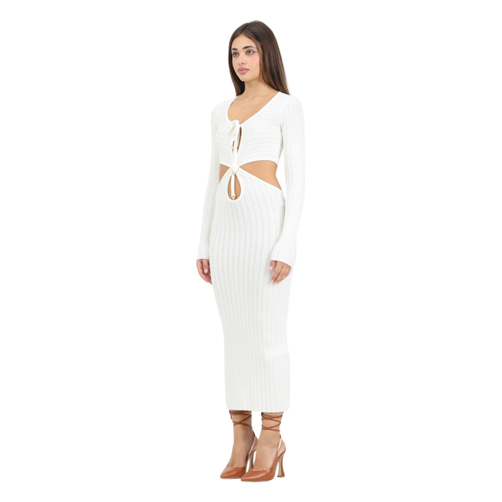 Akep Crème Geribbelde Midi Jurk met Cut-Out Beige Dames