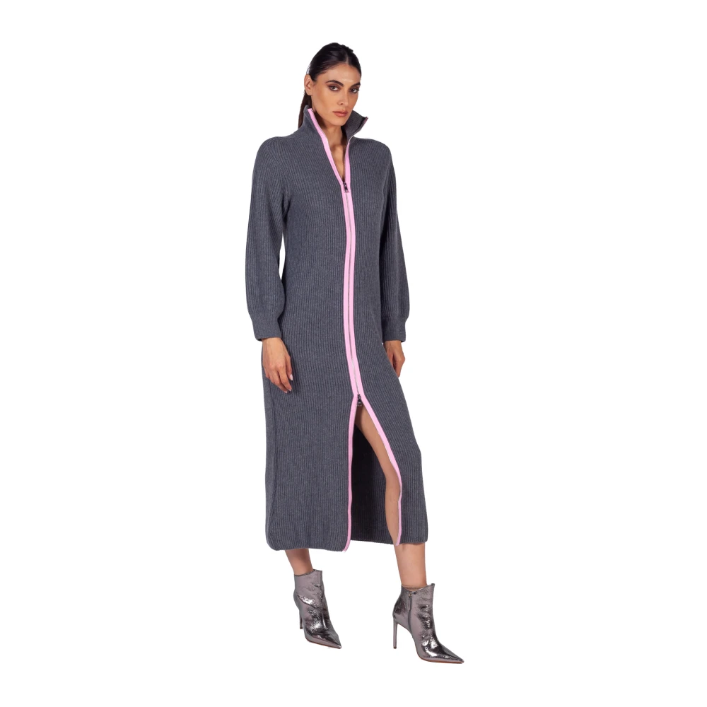 Msgm Grijze Ribgebreide Ritssluiting Maxi Jurk Gray Dames