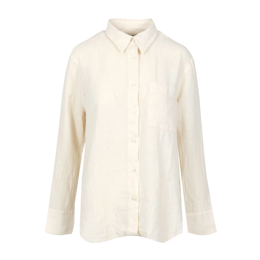 Roy Roger's Linnen Kraag Shirt Lange Mouw Knoop Beige Dames