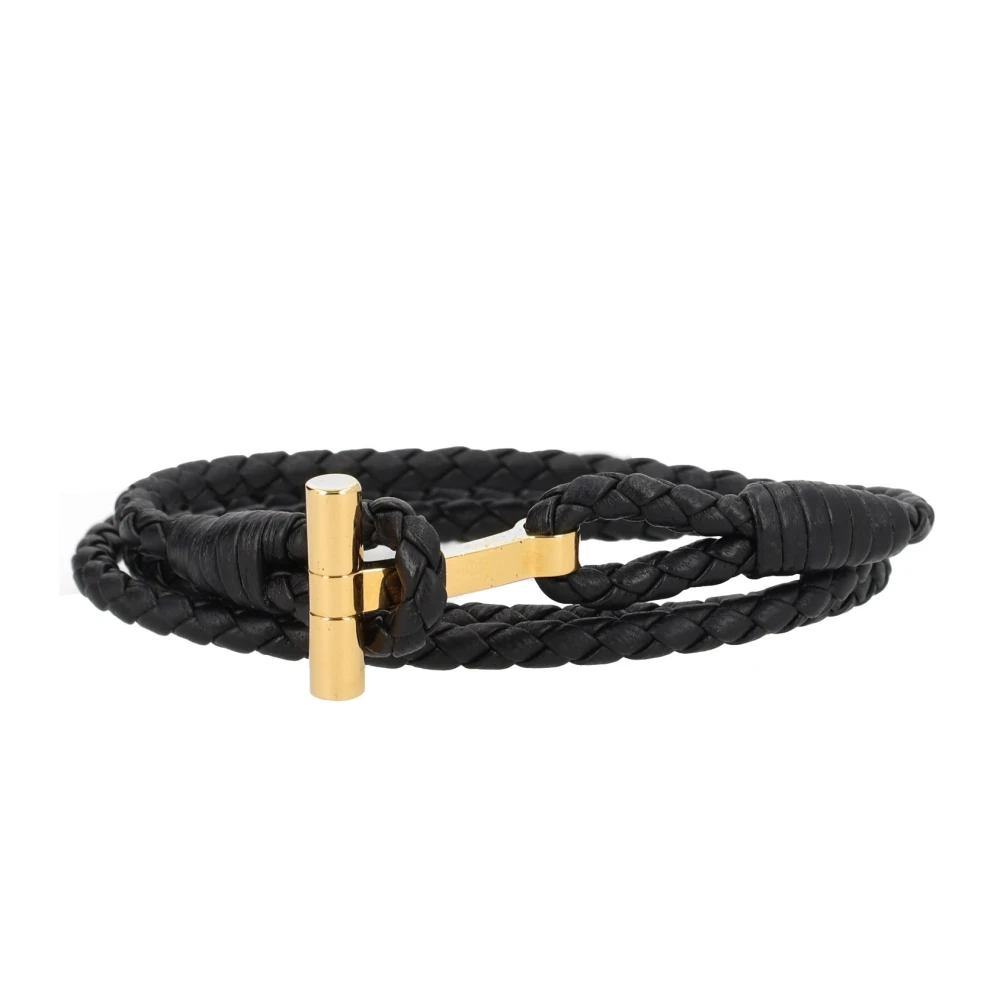 Tom Ford Men's Black Bracelets, L, Braided Leather T Bracelet