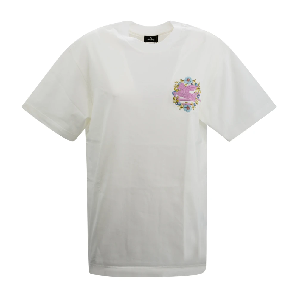 ETRO Bloemen Crewneck T-shirt met Pegaso Borduurwerk White Dames
