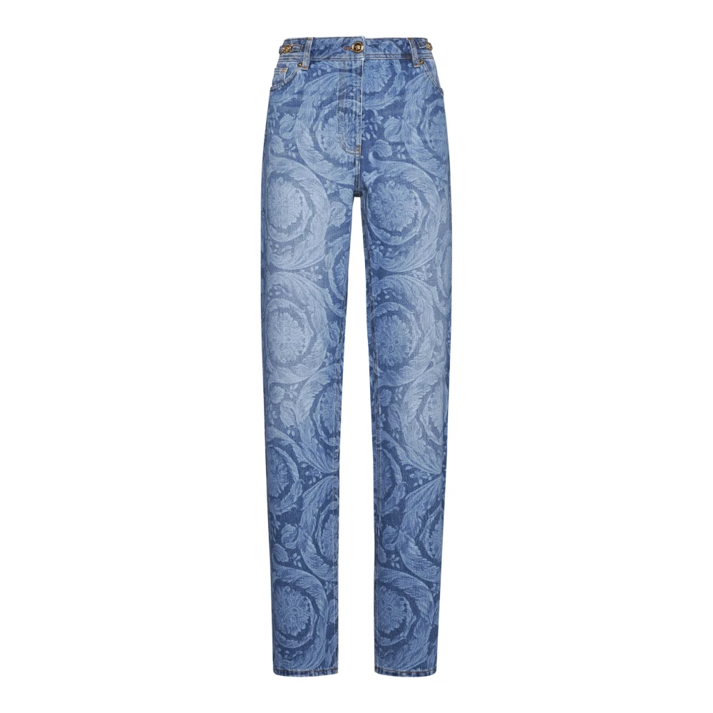 Versace Blauwe Denim Barocco Print Jeans Blue Dames