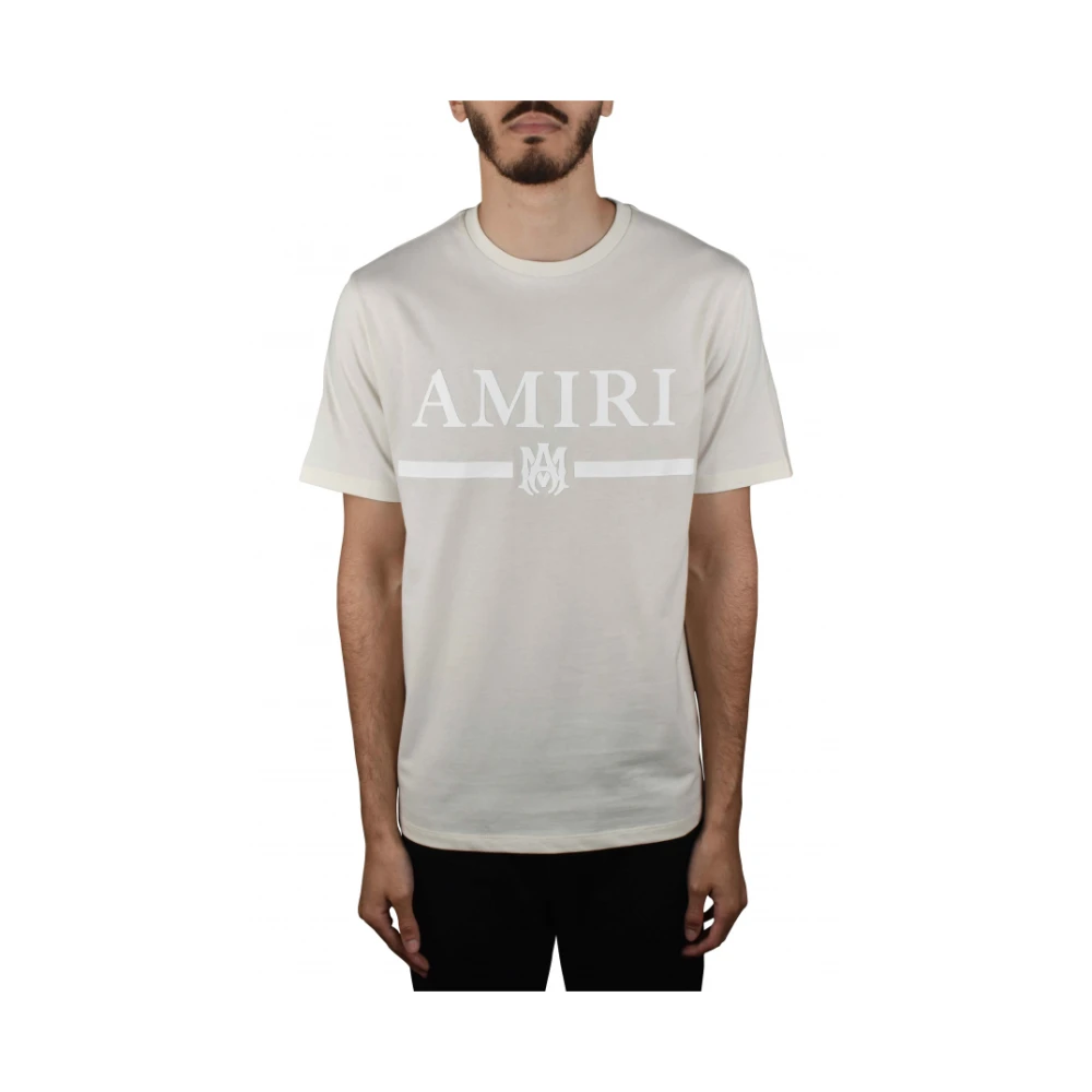 Amiri Beige Ronde Kraag Wit Logo T-shirt Beige Heren