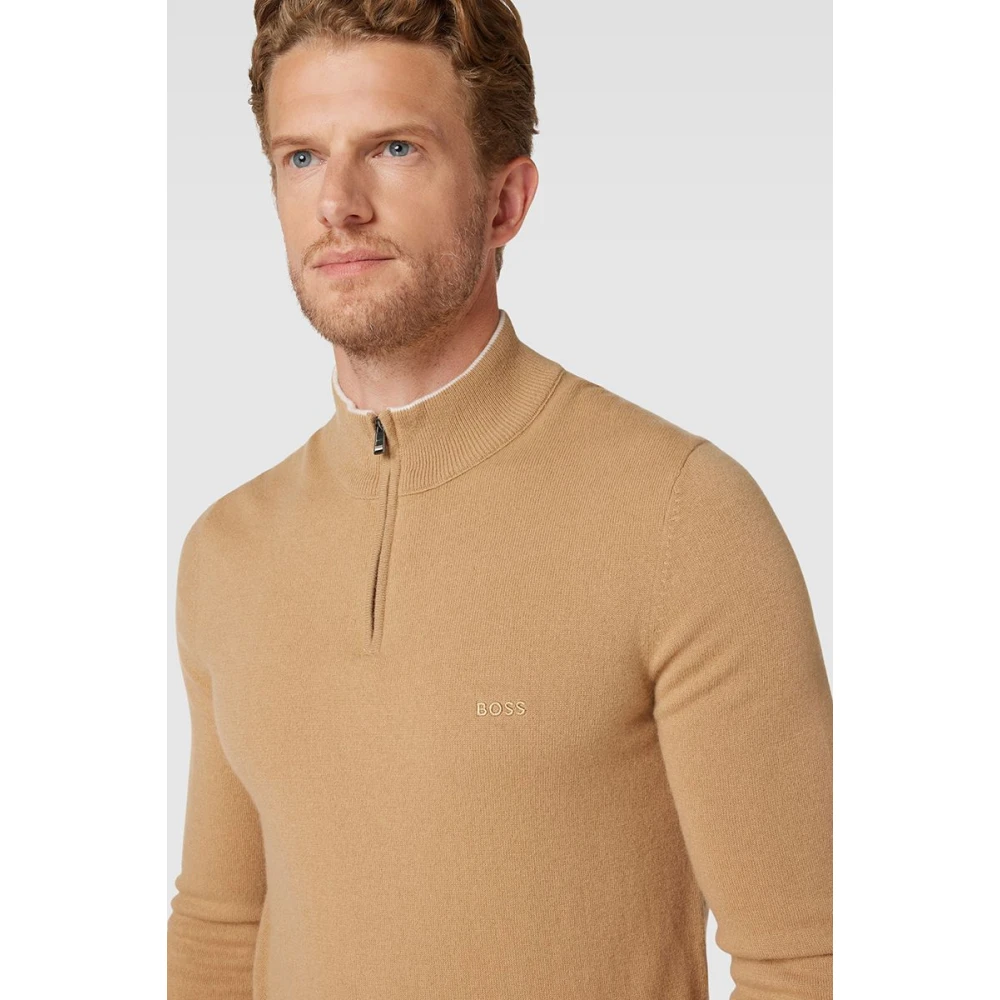 Hugo Boss Heren Trui met Ritssluiting en Geborduurd Logo Beige Heren