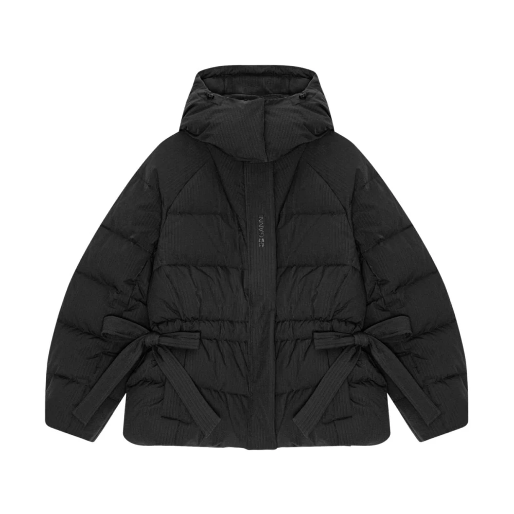Ganni Zwarte Gewatteerde Jas met Strikdetail Black Dames