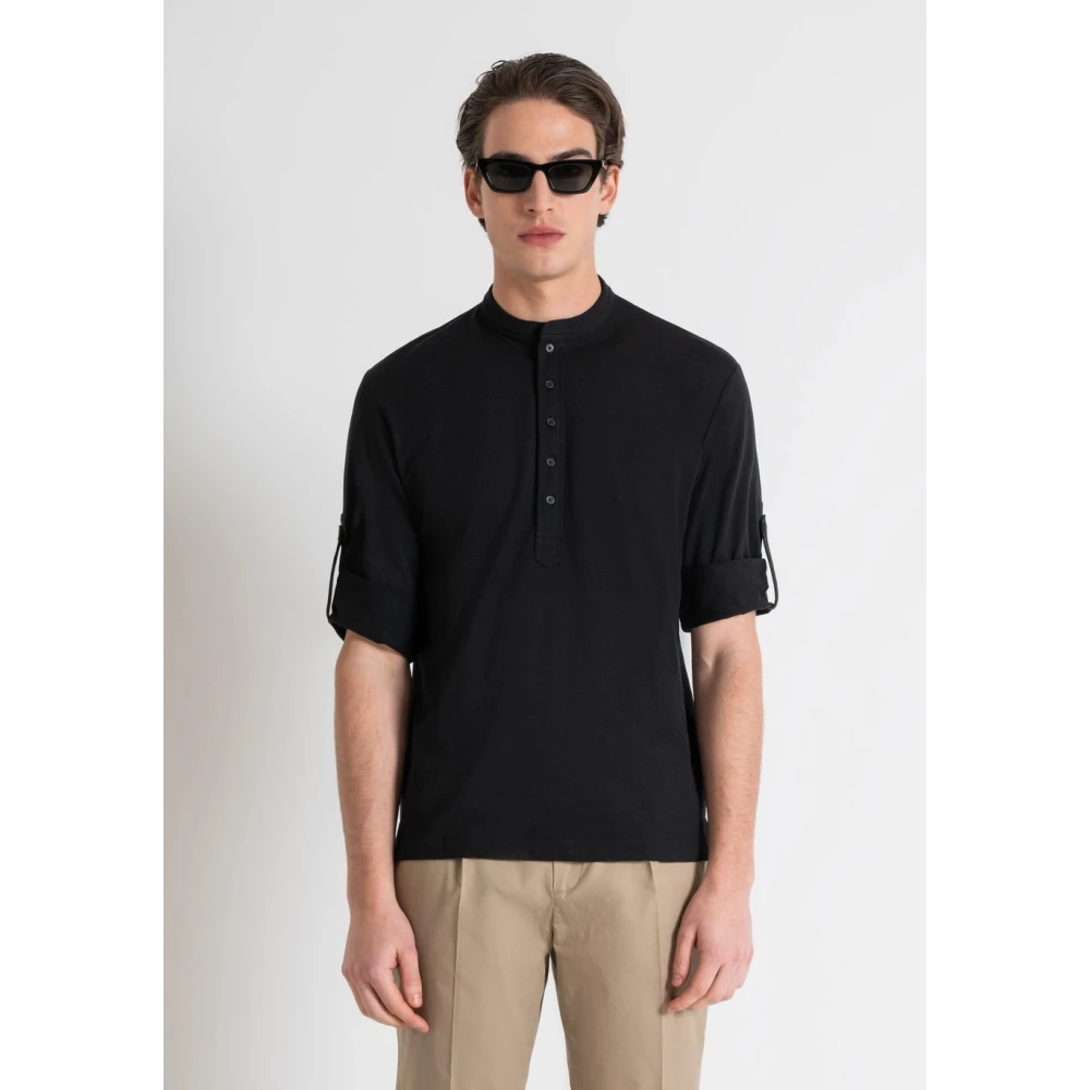 Antony Morato Slub Cotton Regular Fit Henley T-Shirt Black Heren