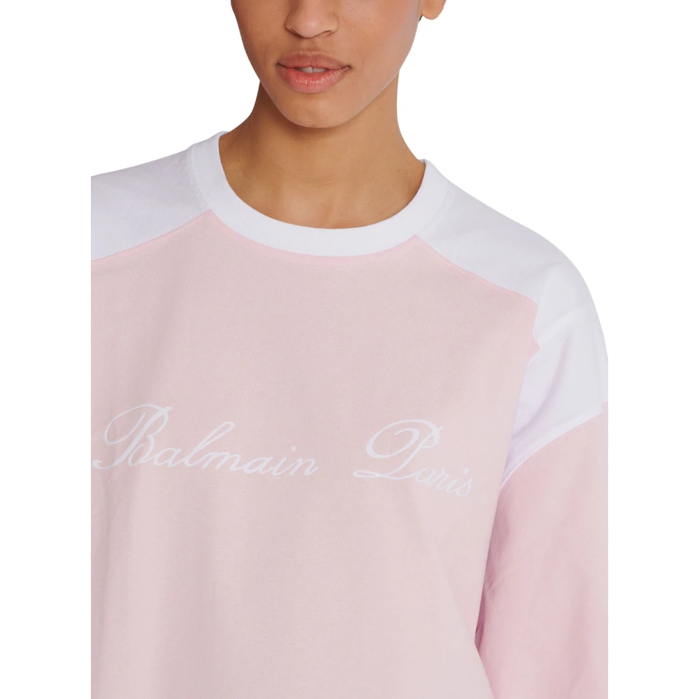 Balmain Tweekleurig T-shirt met Handtekening borduursel Pink Dames