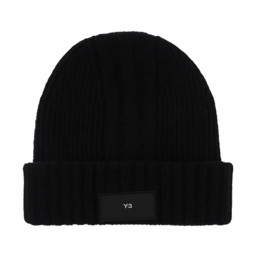 Y-3 Räfflad ull beanie hatt med logopatch Black, Herr