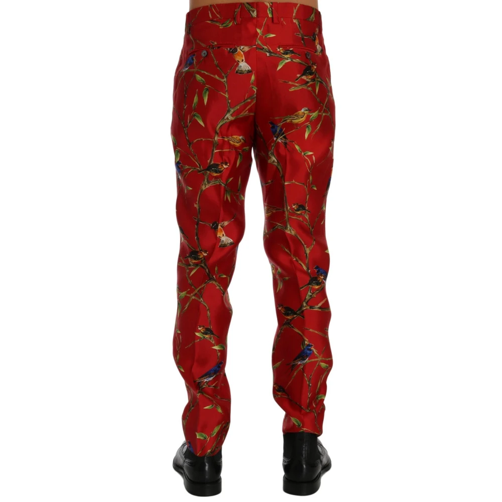 Dolce & Gabbana Rode Zijden Vogelprint Broek Red Heren