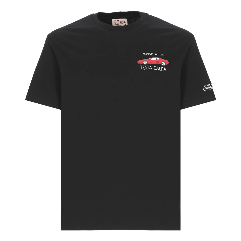 Saint Barth Uomo Nero Maglietta In Cotone Nera Con Ricamo