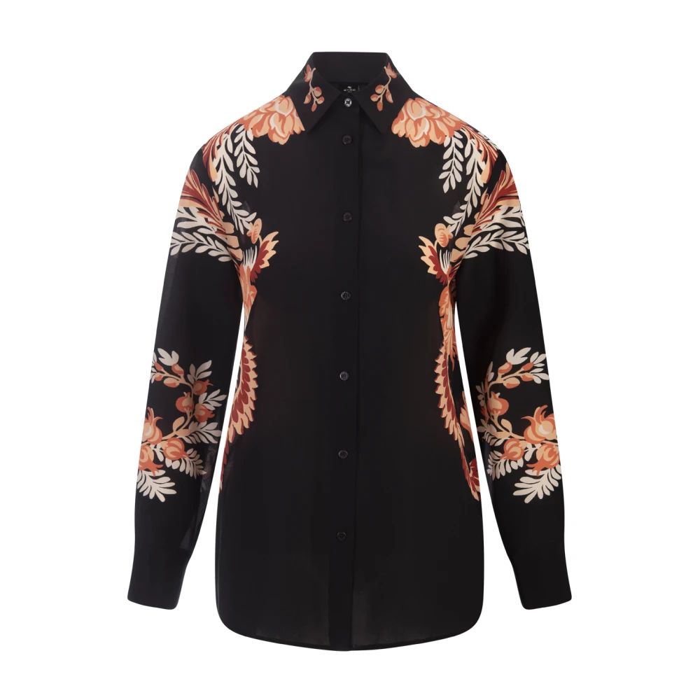 ETRO Zwart Bloemen Zijden Overhemd Black Dames