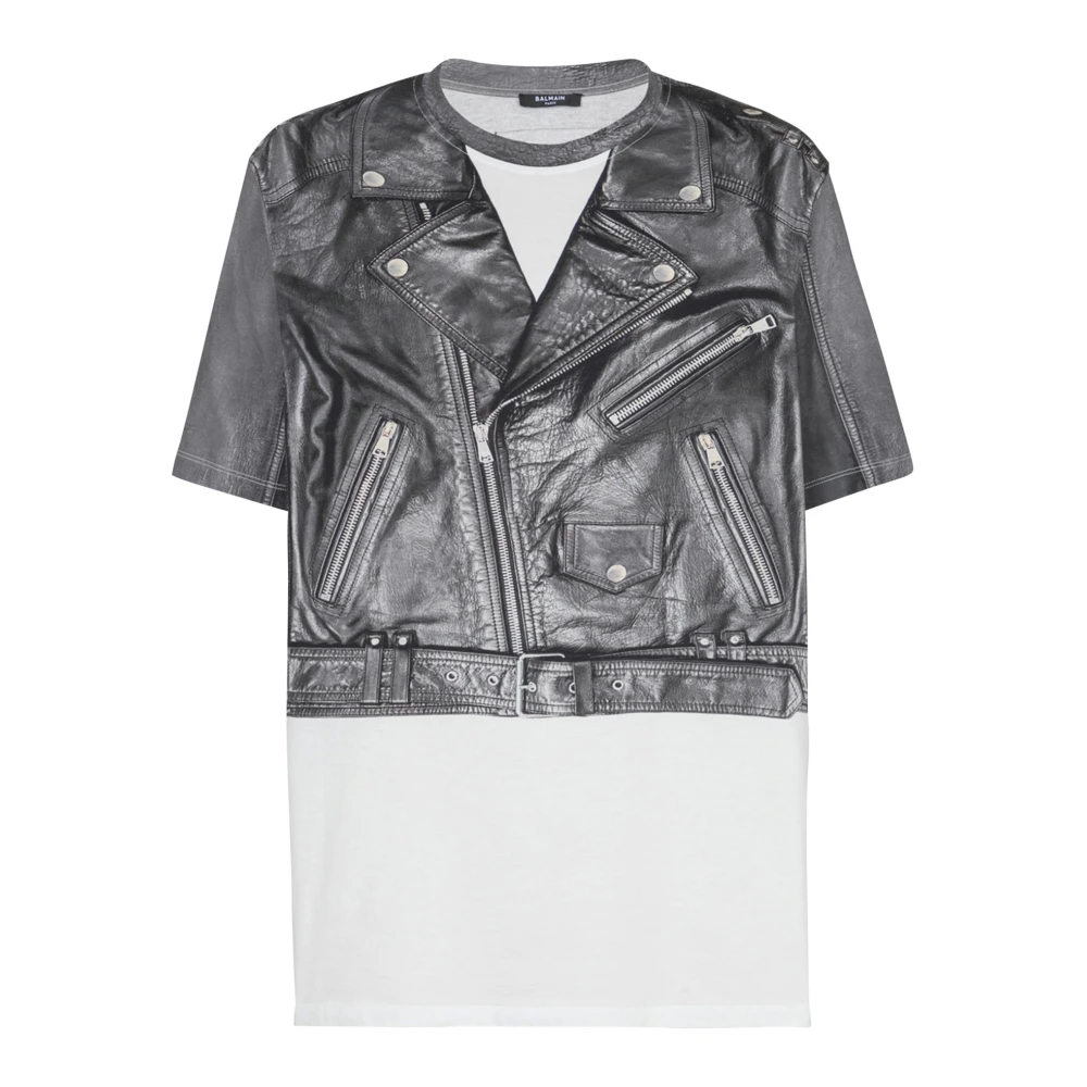 Balmain T-shirt met Biker Jacket Print Black Heren
