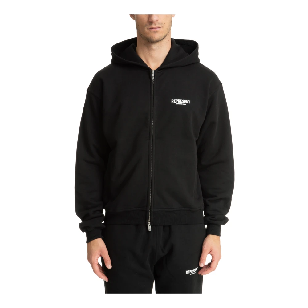 Represent Gestreepte Rits Hoodie met Logo Zakken Black Heren