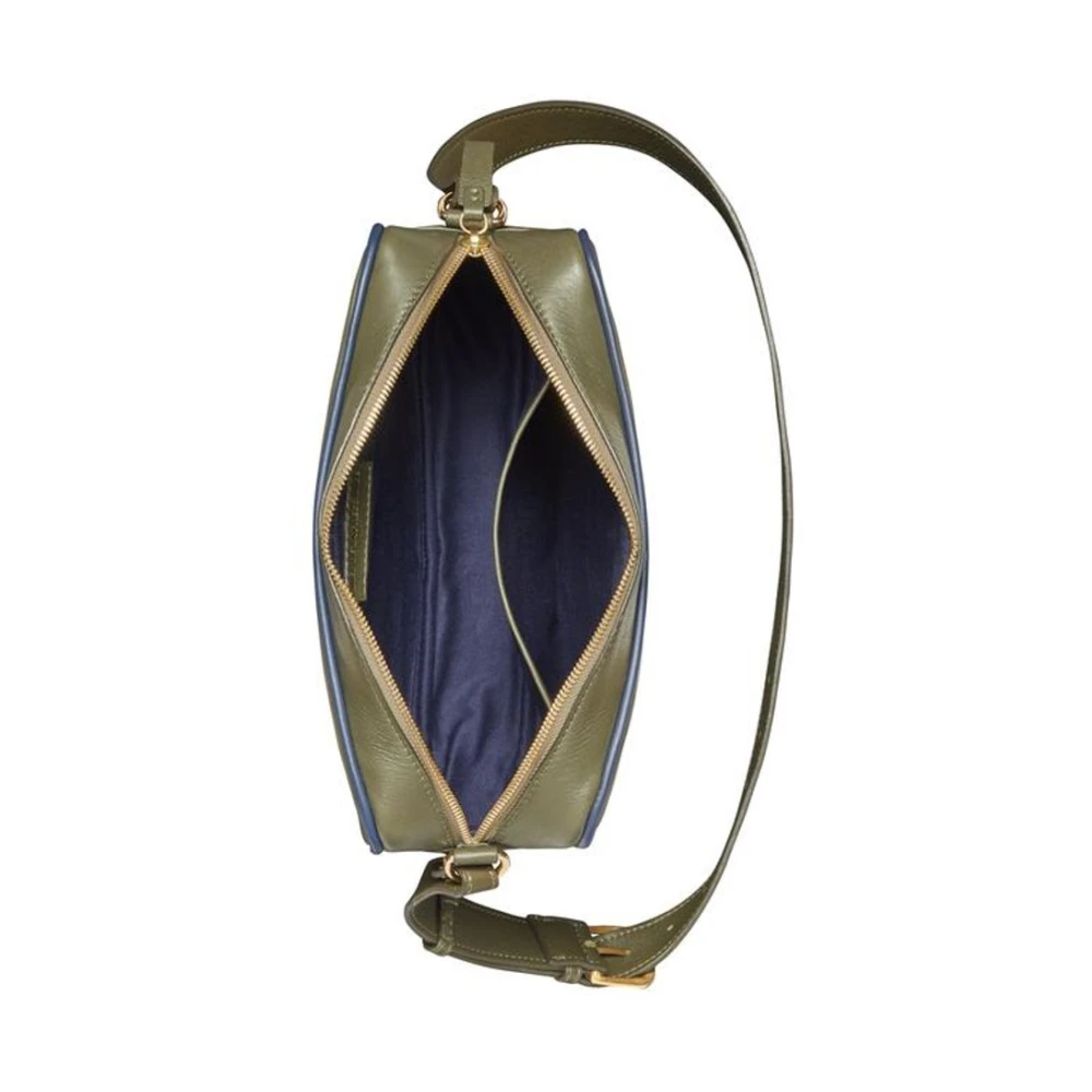 Ines De La Fressange Paris Marcia L schoudertas khaki leer met marineblauwe afwerking Green Dames