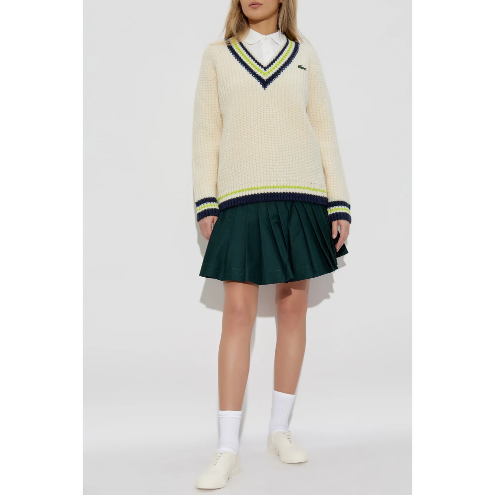 Lacoste Wollen trui met V-hals Beige Dames