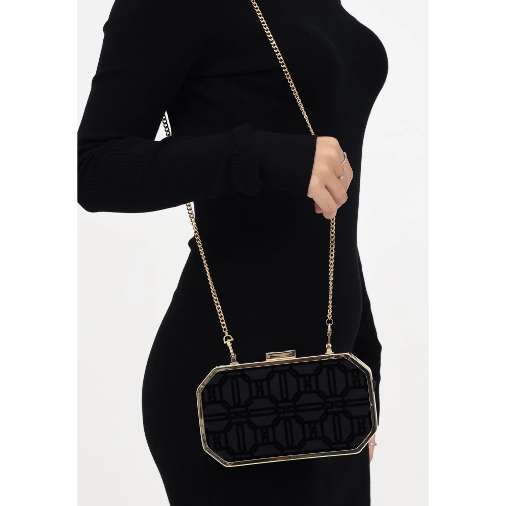 Elisabetta Franchi Zwarte achthoekige clutch met gouden metaal Black Dames